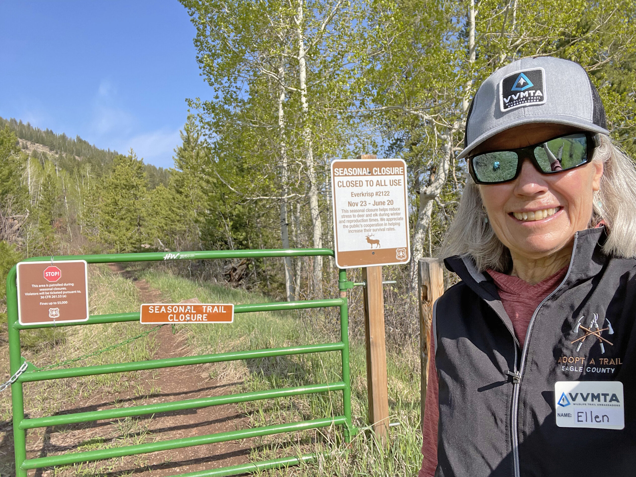 VVMTA Wildlife Trail Ambassador at the North Trail trailhead in Vail during spring seasonal wildlife closures