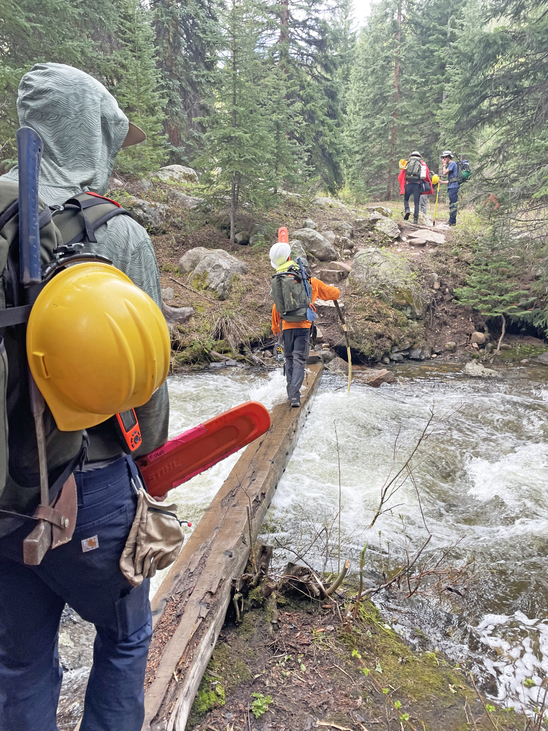 VVMTA Trails and Stewardship Crew crossing a log bridge during trail work at Iron Edge