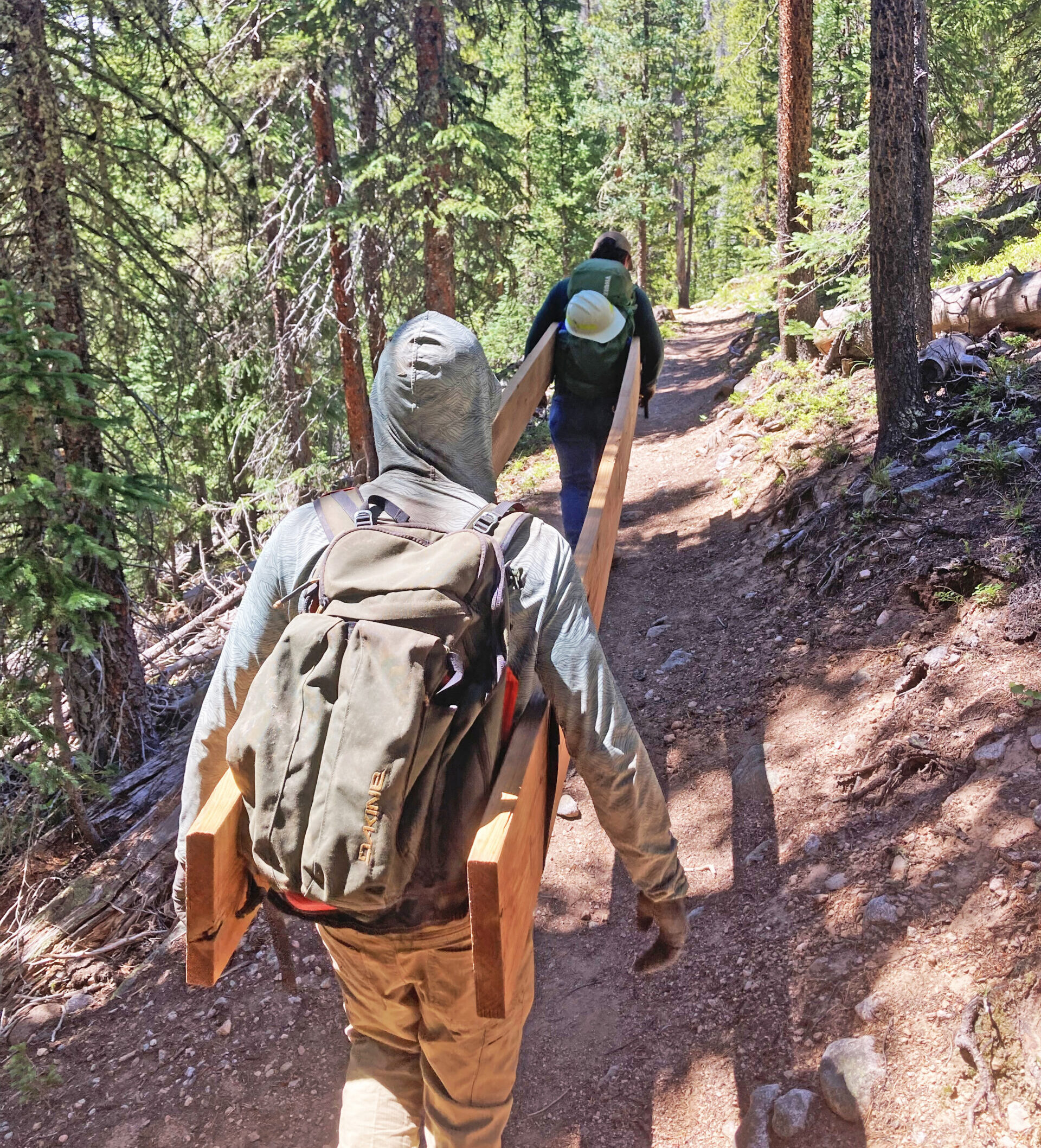 VVMTA Trails and Stewardship Crew carrying lumber to build a bridge near Lost Lake