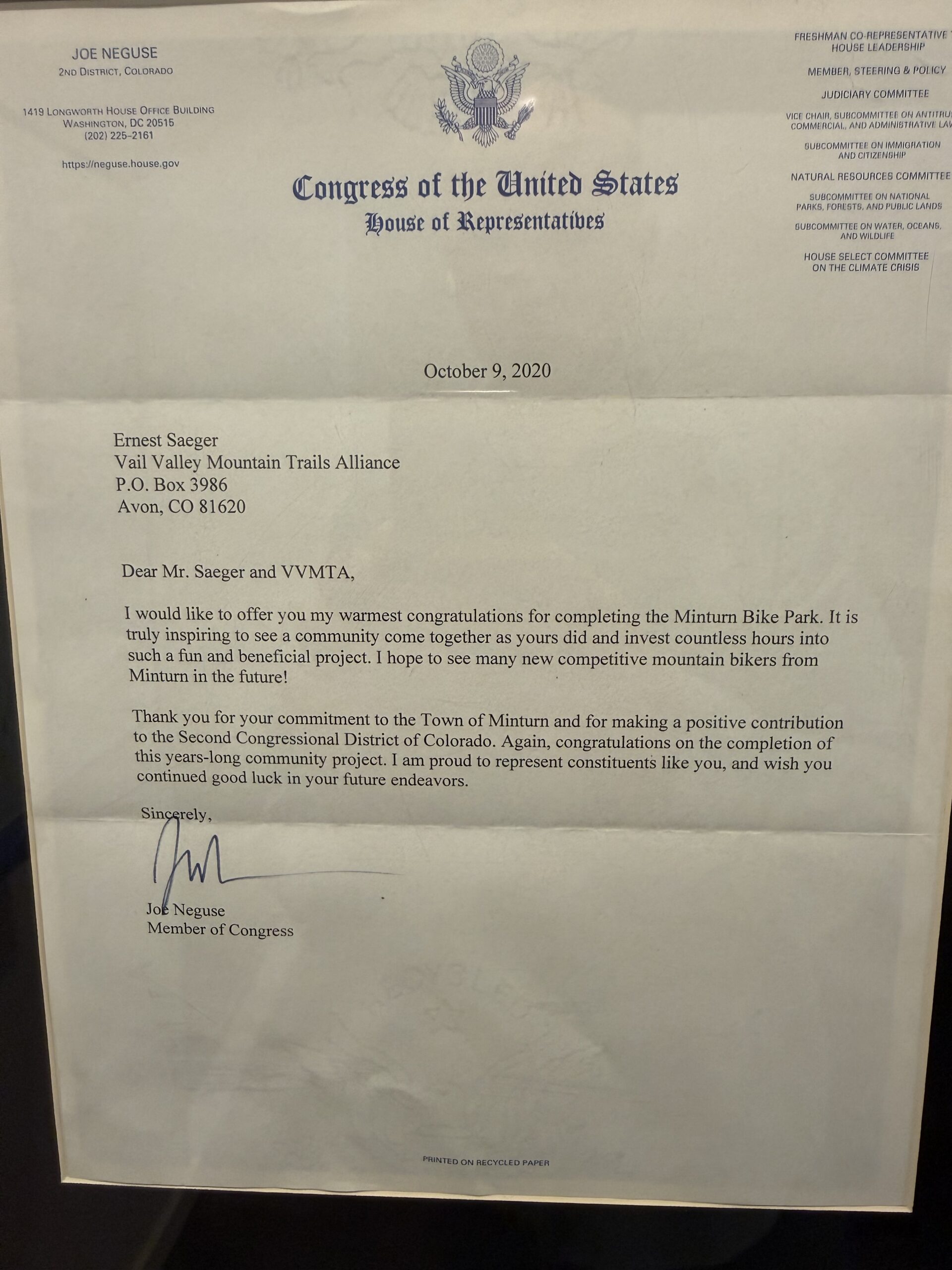 Letter from U.S. Representative Joe Neguse recognizing VVMTA