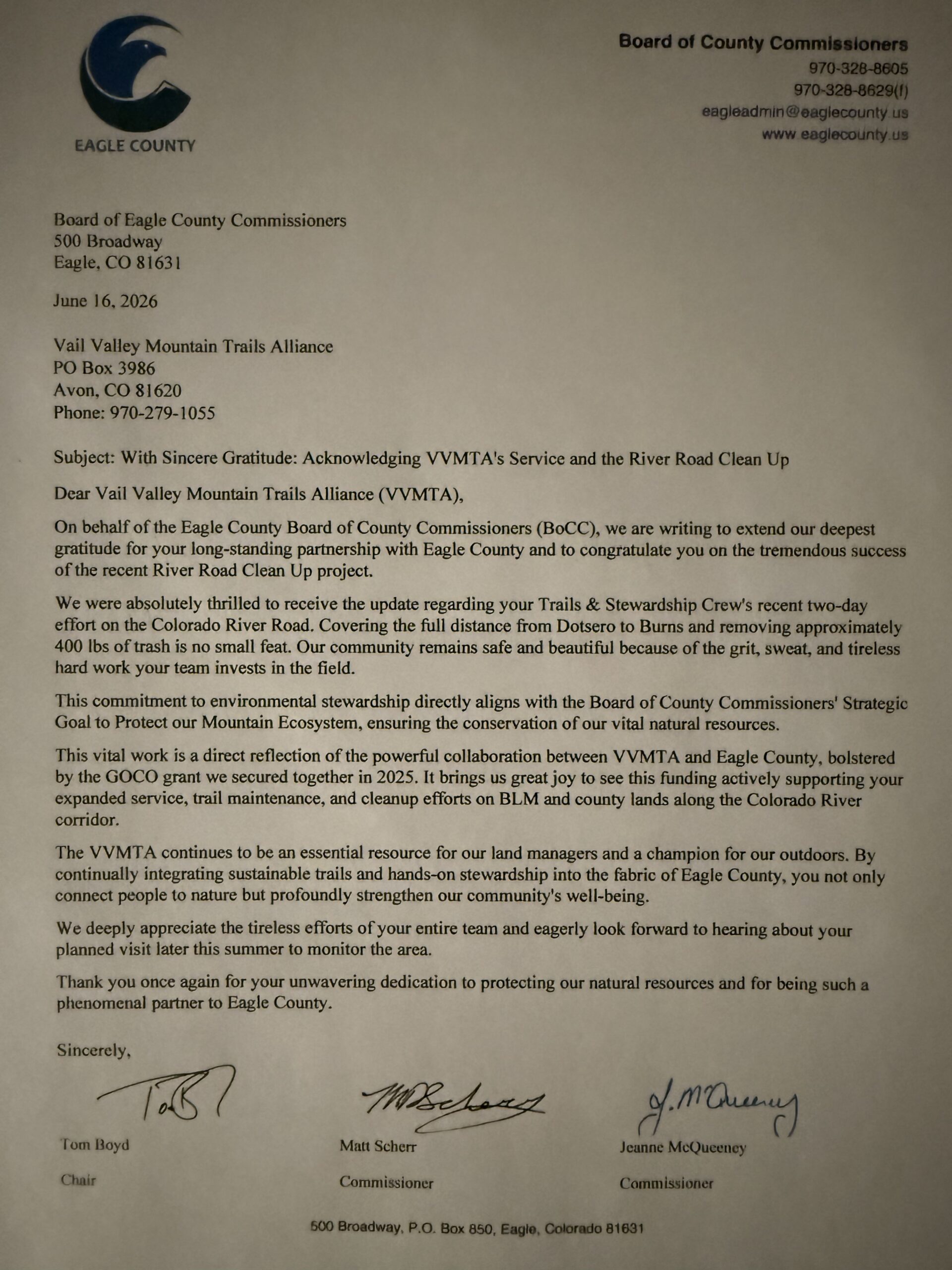 Eagle County Board of Commissioners letter recognizing VVMTA