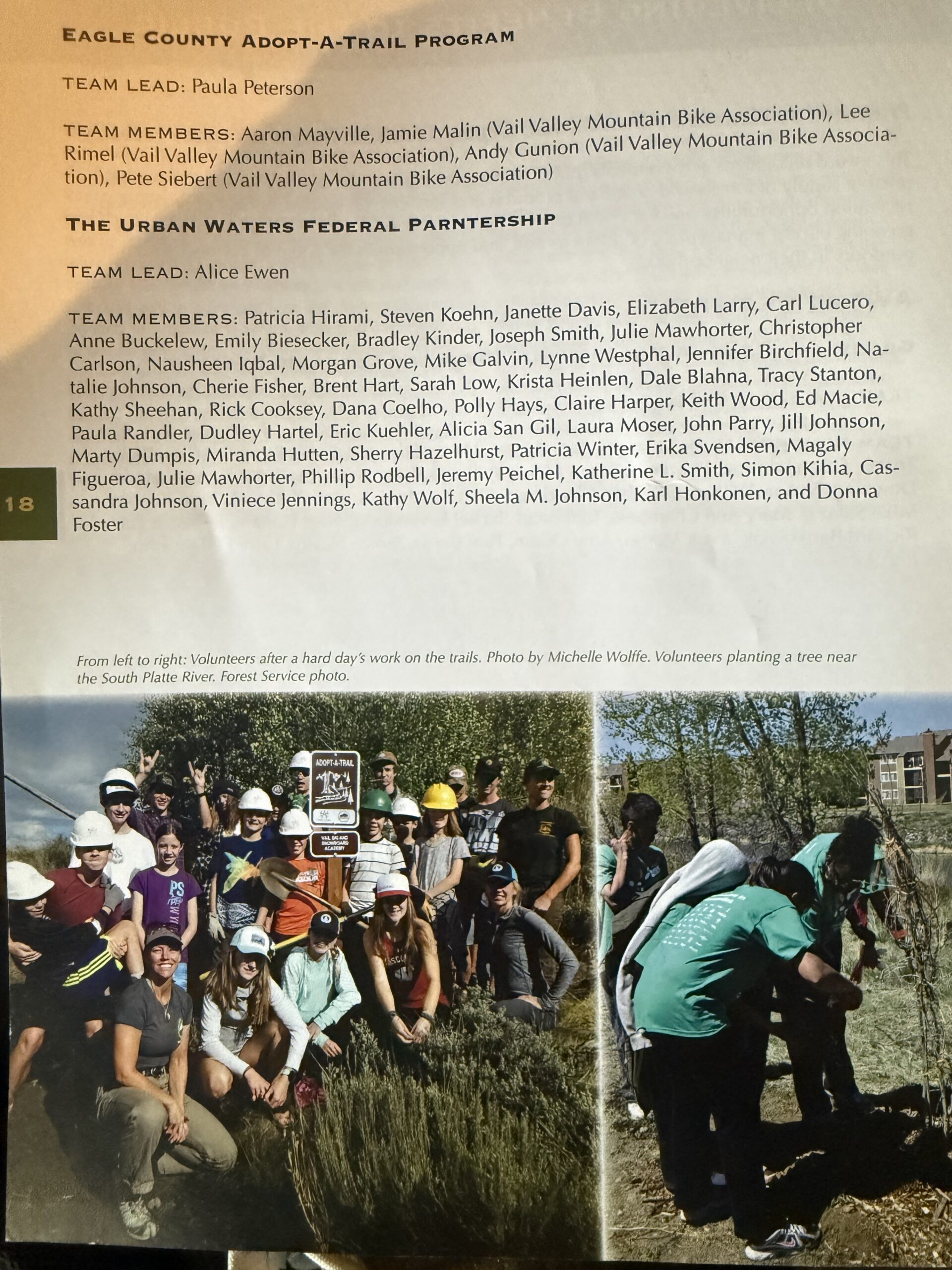 Award program page recognizing the Eagle County Adopt-A-Trail Program team and Vail Valley Mountain Bike Association members